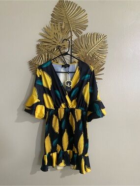 Black Floral-Print V-Neck Short Dress with Yellow Leaf Accents